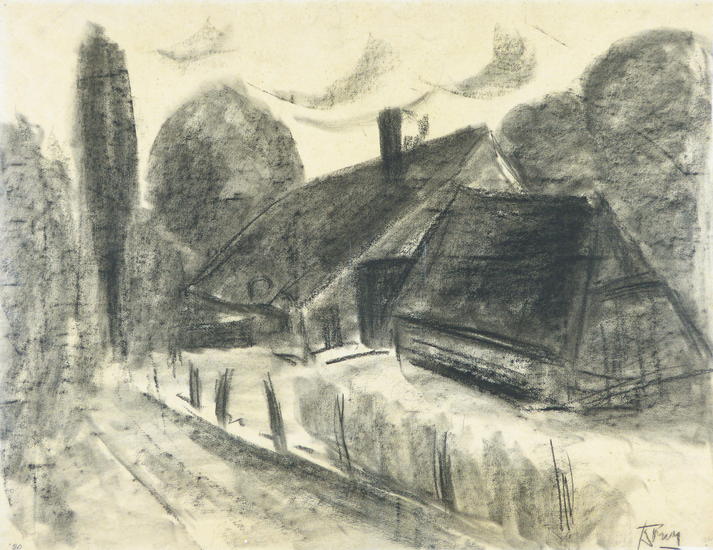 houtskooltekening op papier van een boerderij met schuur aan een laan, op de achtergrond een boom of kerktoren. Linksonder gedateerd 20, rechtsonder gesigneerd Dorus 40.